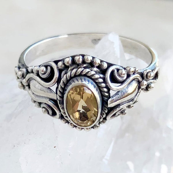 Citrine, silver ring with filigree