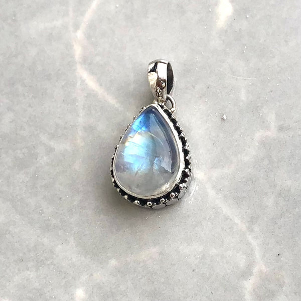 Rainbow moonstone, large drop-shaped silver pendant