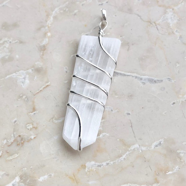 Selenite tip pendant silver plated large spiral