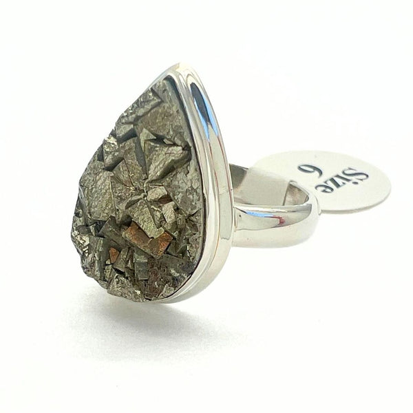 Pyrite raw crystal in silver ring