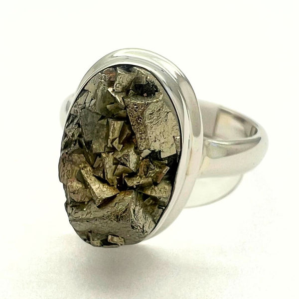 Pyrite raw crystal in silver ring