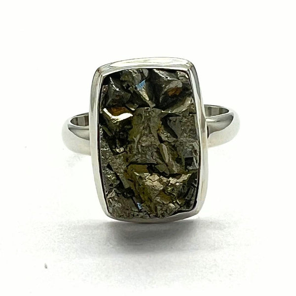 Pyrite raw crystal in silver ring