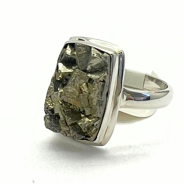 Pyrite raw crystal in silver ring