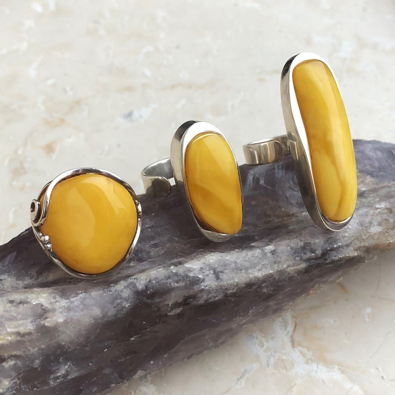 Amber, yellow ring adjustable size with sterling silver