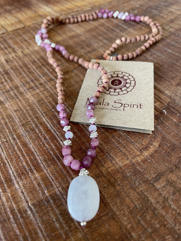 Tourmaline &amp; Moonstone, Rudraksha Mala "Heart of the Moon"