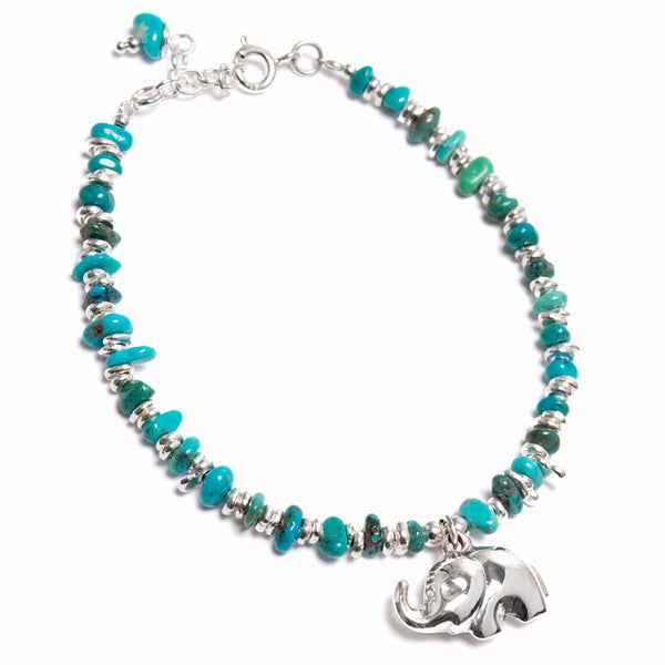Turquoise, bracelet with elephant in silver