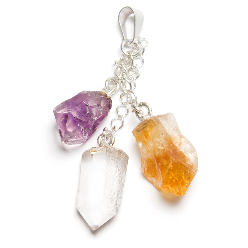 Amethyst, rock crystal, citrine in silver plated pendant