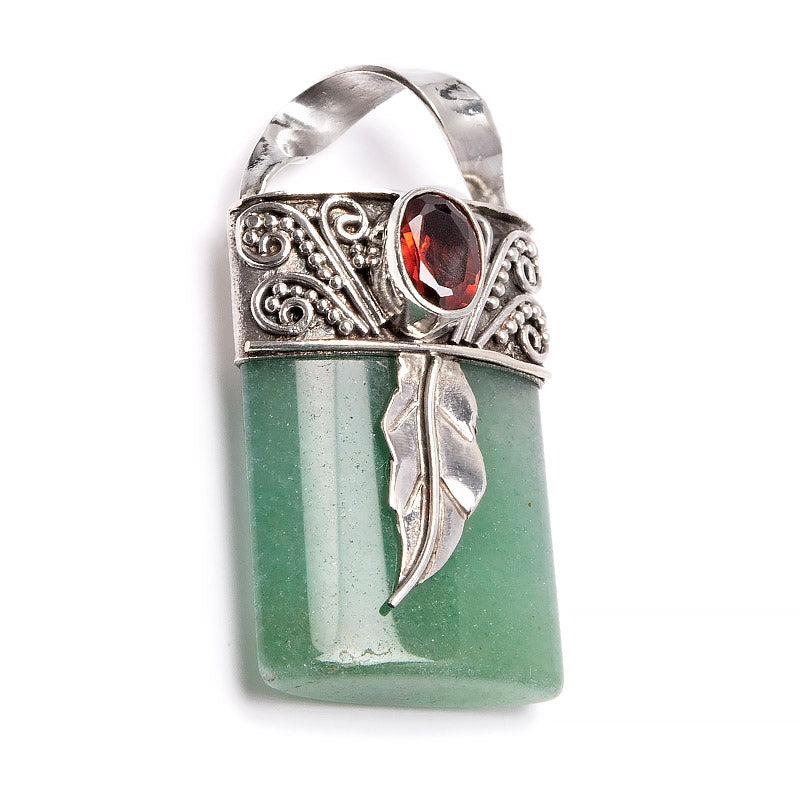 Aventurine with garnet and silver feather