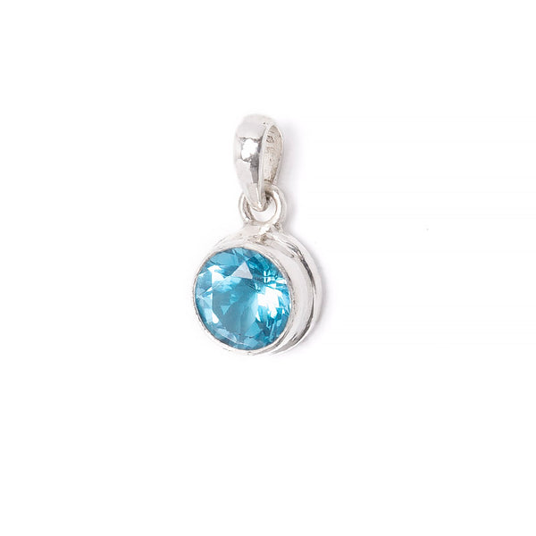 Blue topaz small round faceted pendant, smooth setting