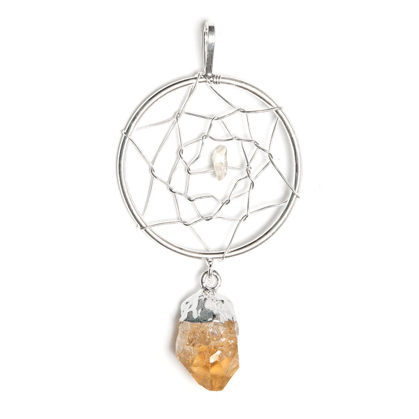 Citrine, pendant in the form of a dream catcher, silver-plated