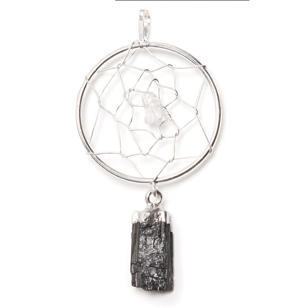 Tourmaline, pendant in the form of a dream catcher, silver-plated