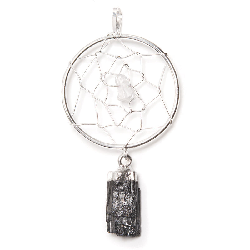 Tourmaline, pendant in the form of a dream catcher, silver-plated