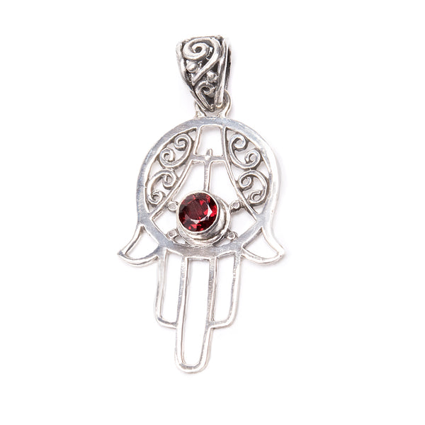 Garnet, Hamsa hand pendant in silver