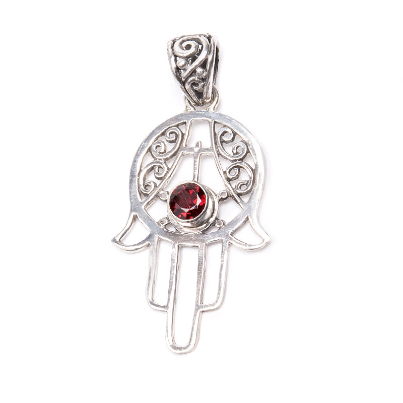 Garnet, Hamsa hand pendant in silver