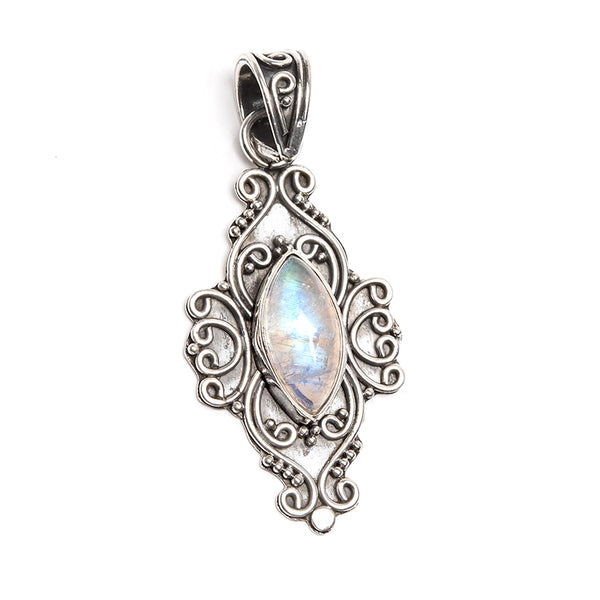 Rainbow moonstone pendant in filigree silver