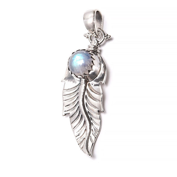Rainbow moonstone, crystal pendant with feather