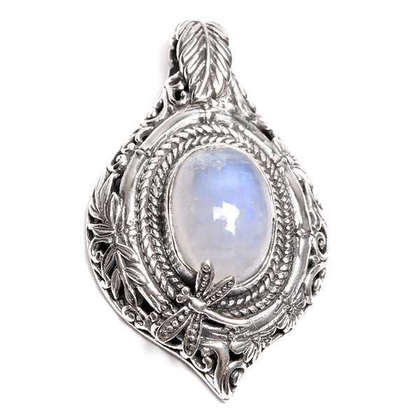 Rainbow moonstone, large filigree pendant with dragonfly