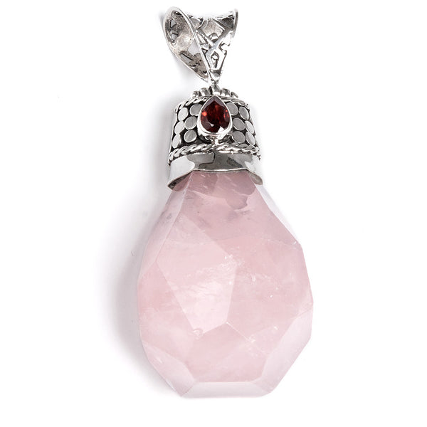 Rose quartz, pendant in silver with garnet