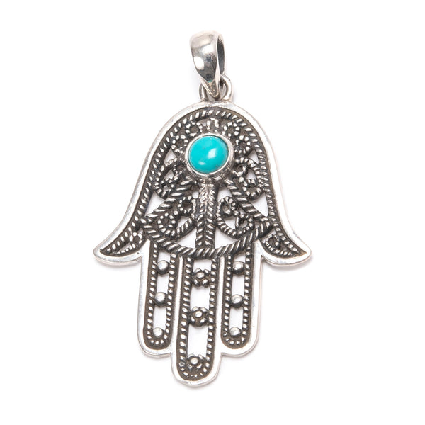 Turquoise, Hamsa's hand silver pendant