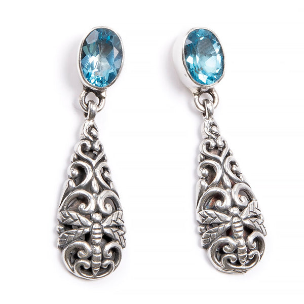Blue topaz, drop-shaped earring in filigree on pin