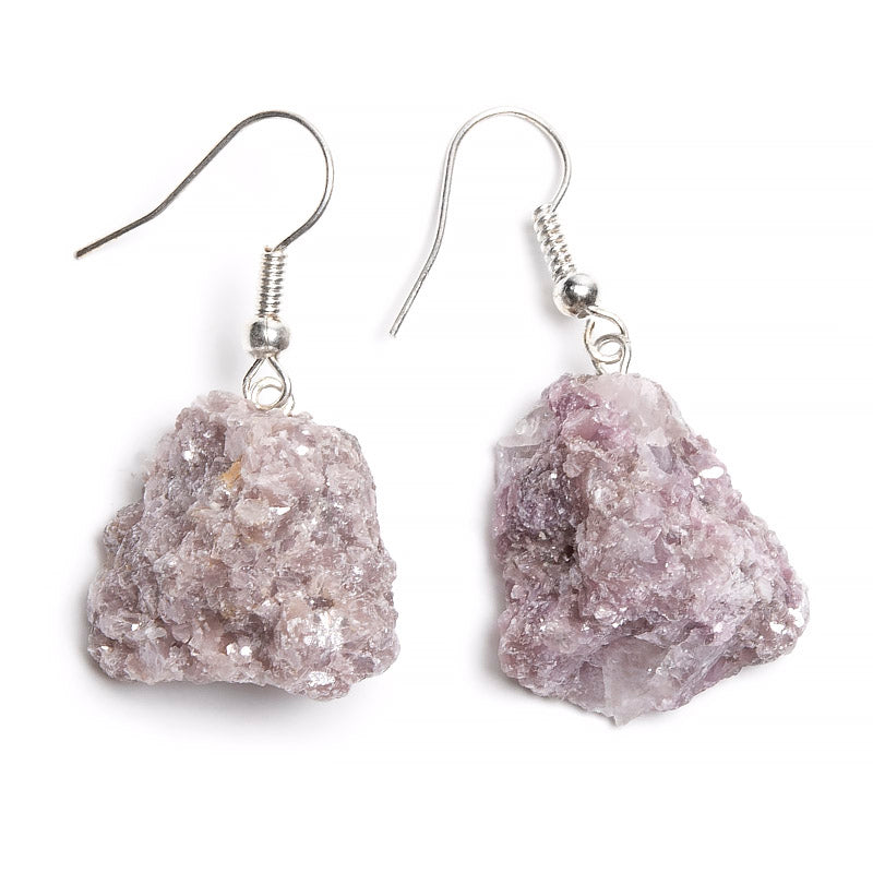 Lepidolite, earrings raw stone on hook