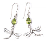 Peridot, earring with dragonfly in silver