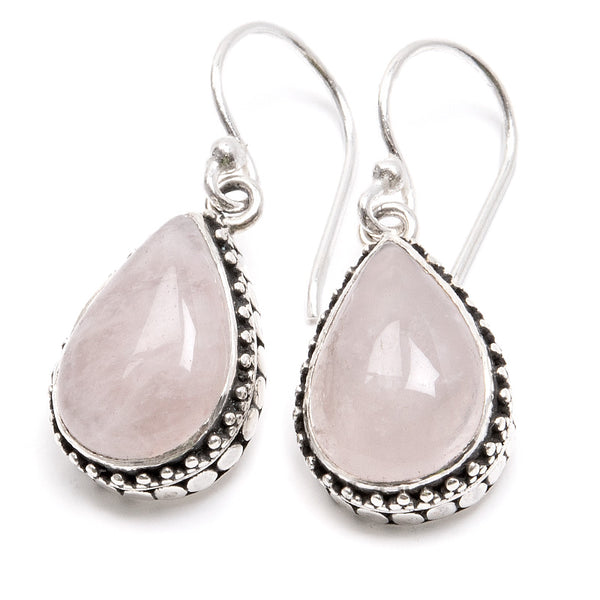 Rose quartz, earring in silver with filigree