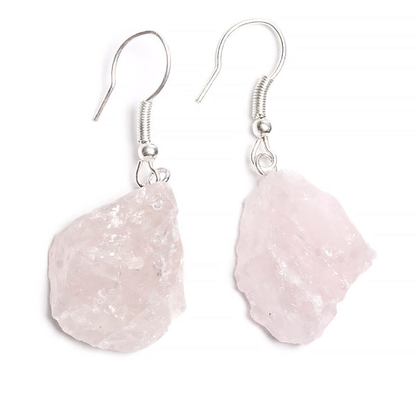 Rose quartz, earrings raw stone on hook