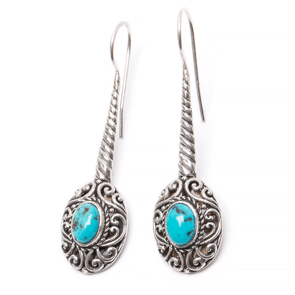 Turquoise, earrings with silver rod and filigree