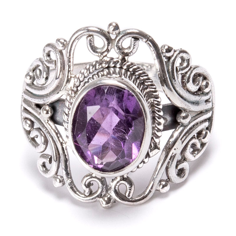 Amethyst, faceted silver ring with filigree