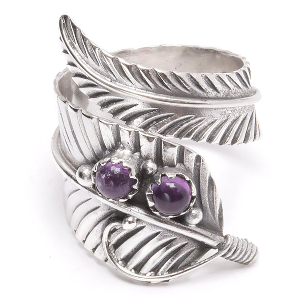 Amethyst, large feather silver ring