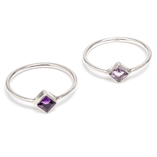 Amethyst, faceted square, silver ring size 5