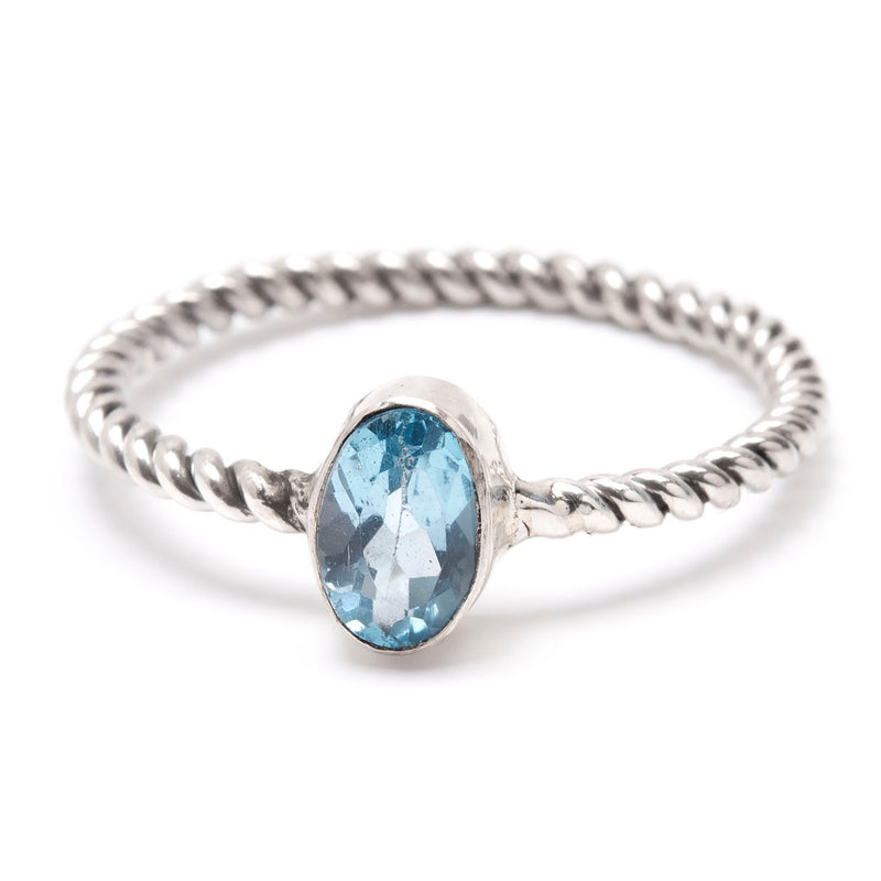 Blue topaz silver ring with twisted band size 7