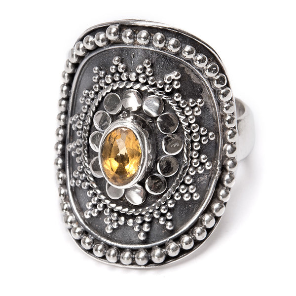 Citrine, silver ring with shield