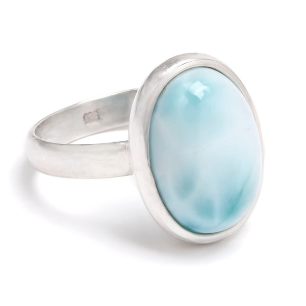 Larimar oval stone, smooth silver ring