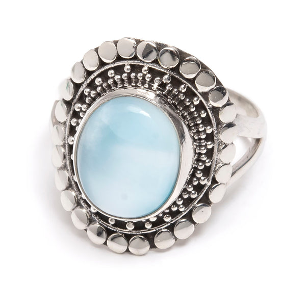 Larimar oval, silver ring with filigree