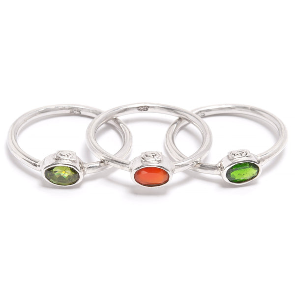 Green tourmaline, carnelian and chrome diopside - silver rings with faceted stones