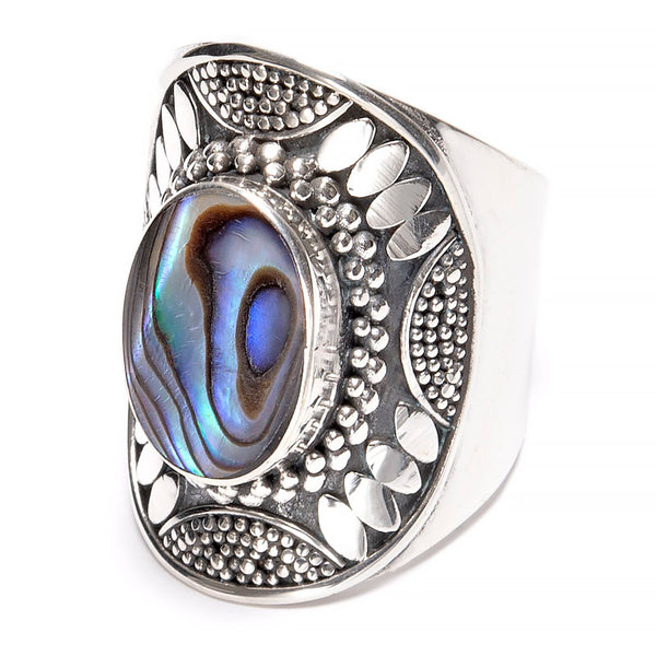 Paua shell, wide silver filigree ring