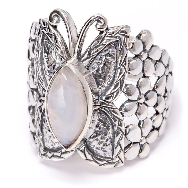 Rainbow moonstone, butterfly as silver ring