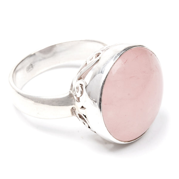 Rose quartz, round silver ring with filigree edge