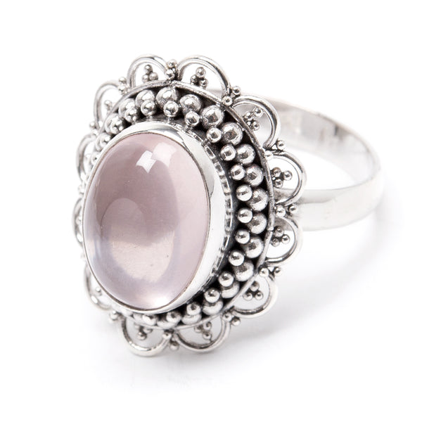 Rose quartz, silver ring with floral filigree