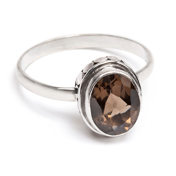 Smoky quartz, oval faceted filigree ring