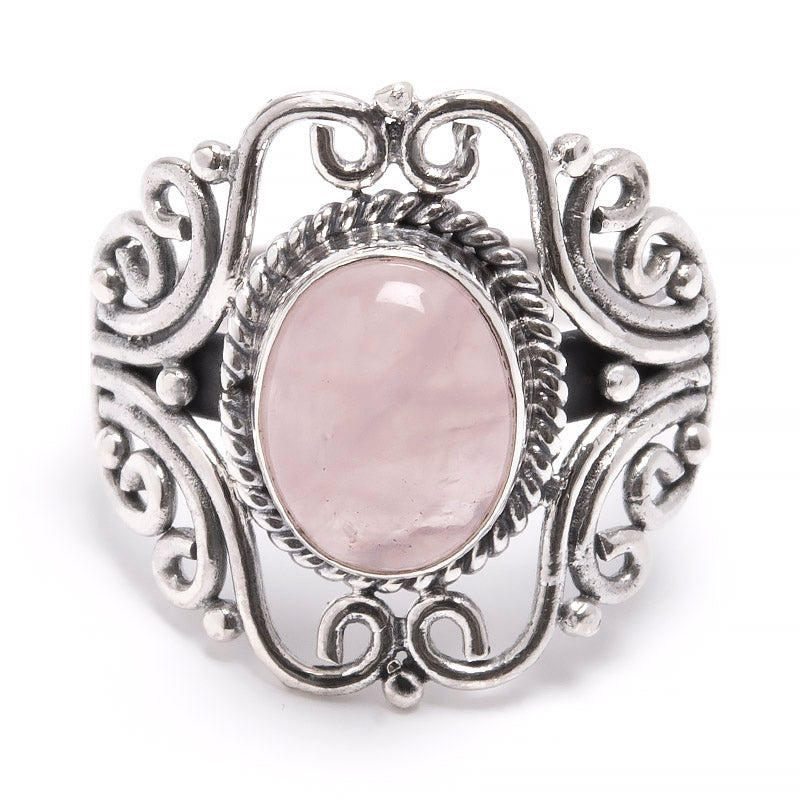 Rose quartz, ring with silver filigree