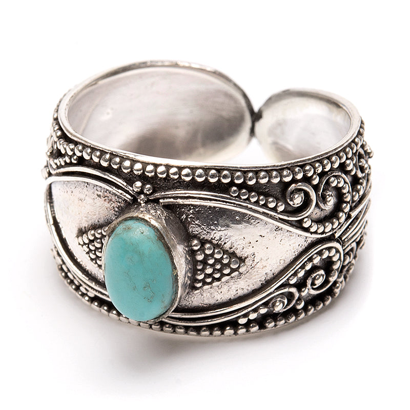 Turquoise, adjustable silver ring with filigree