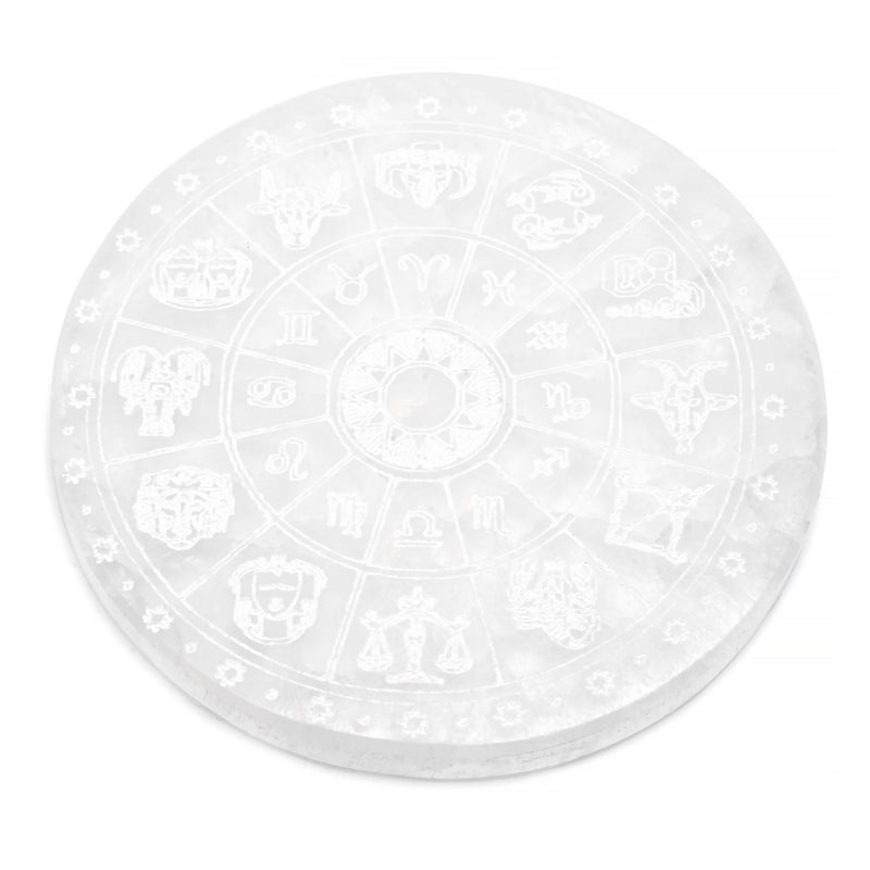 Selenite, round plate with the zodiac