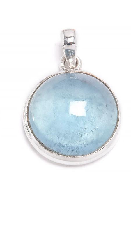 Aquamarine, round silver pendant