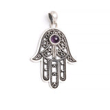 Amethyst, hamsa hand silver pendant with amethyst