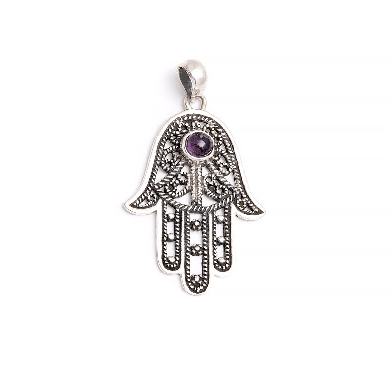 Ametist, hamsa hand silverhänge