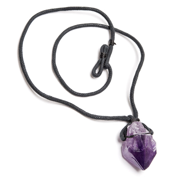 Amethyst, necklace with raw lace on waxed cotton thread