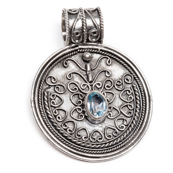 Blue topaz, pendant on silver shield